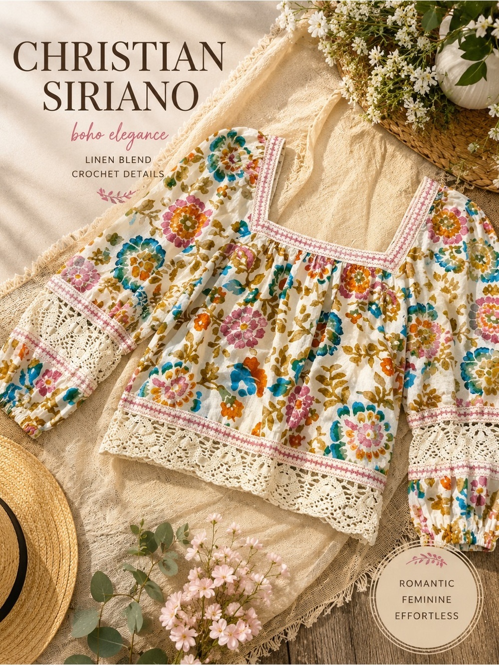 Christian Siriano Floral Linen Blend Crochet Lace Boho Peasant Top OSFA